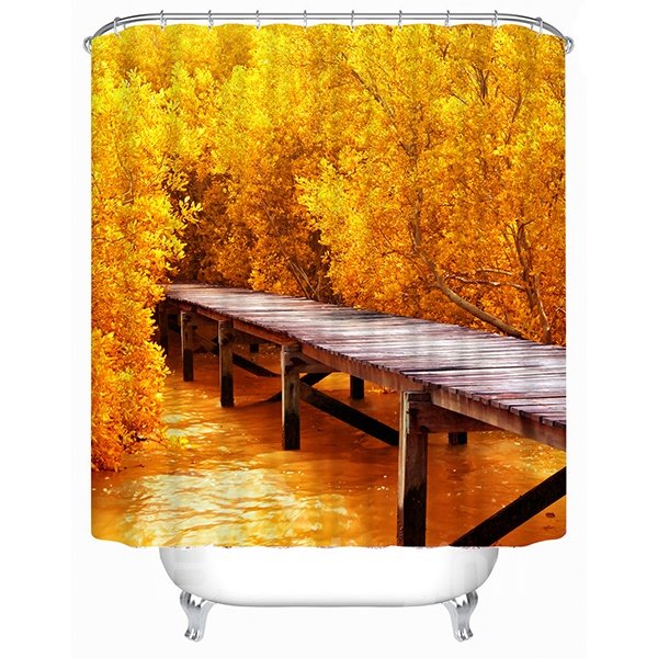 Golden Trees and Brige Print 3D Shower Curtain