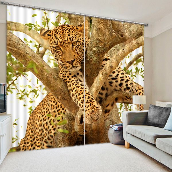 Cortina opaca personalizada de poliéster con estampado de leopardo 3D trepando al árbol para sala de estar