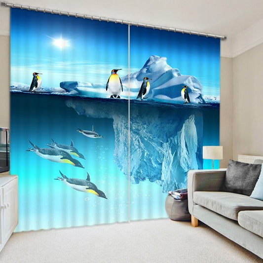 Iceberg and Penguins Printed Decorative Living Room Curtain, Antarctica Scenery Shading Curtain