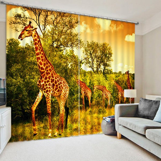 Giraffes Green Trees Printed Blackout Curtain, Thick Polyester 2 Panel Style Tropical Animal Theme Curtain