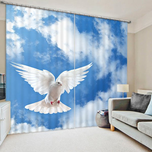 3D White Dove Flying in the Blue Sky Printed Blackout, Animal Bird Theme Curtain