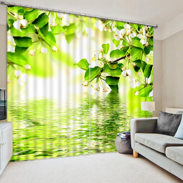 3D-Vorhang aus Polyester mit weißen Blumen und grünen Blättern, bedruckt mit natürlichem Wunder