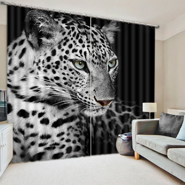 3D Wildlife Black and White Leopard Printed Animal Style Polyester Custom Living Room Curtain