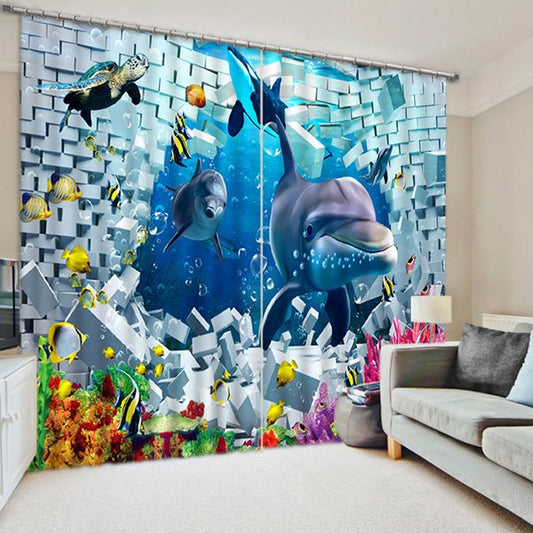Dolphins and Turtle Printed Blackout Curtain, Polyester 2-Panel Style Decorative Curtain for Living Room Bedroom