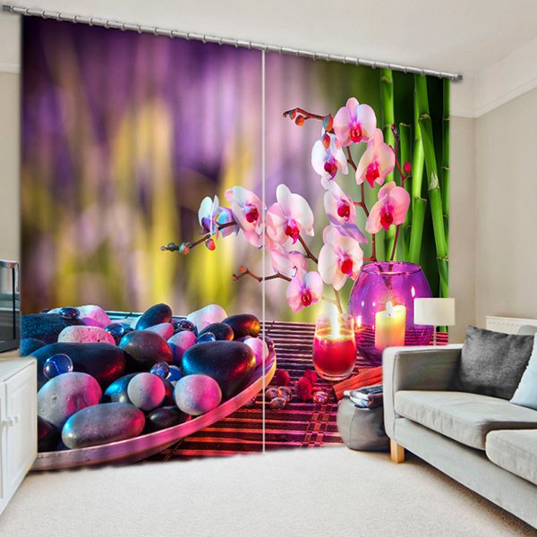 Romantic Pink Flowers and Cobblestones under the Candlelight Print 3D Blackout Curtain