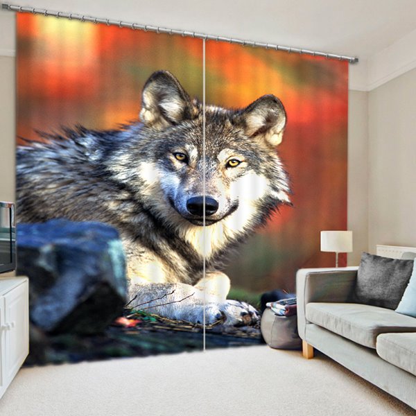 Cortina personalizada de poliéster opaca con decoración de estilo animal con estampado de lobo encantador en 3D