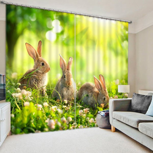 Cute Rabbits on the Grassland Printed Thick Polyester Living Room Blackout Curtain