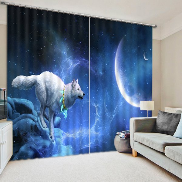 3D White Wolf Chasing the Moon Printed Animal Style Blackout Custom Window Curtain