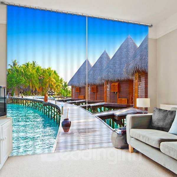 Wooden Houses beside the Water Print 3D Blackout Curtain