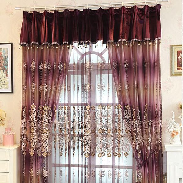 Romantic European Style Embossed Embroidery Purple Custom Sheer Curtain