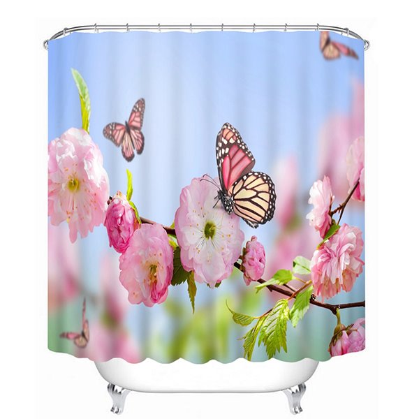 Pink Peach Flowers and Butterflies Print 3D Bathroom Shower Curtain