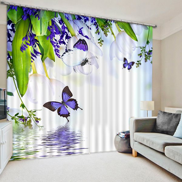 3D Purple Butterflies and Tulip Printed Pastoral Decoration Custom Curtain