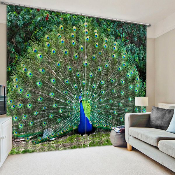 3D-eleganter Pfau mit zu öffnendem Schwanz, bedruckter Tierstil-Verdunkelungs- und Dekorationsvorhang aus Polyester