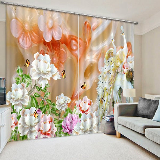 3D Elegant Peacocks and Butterflies with Carved White Flowers Printed Chinese Style Blackout and Decorative Curtain