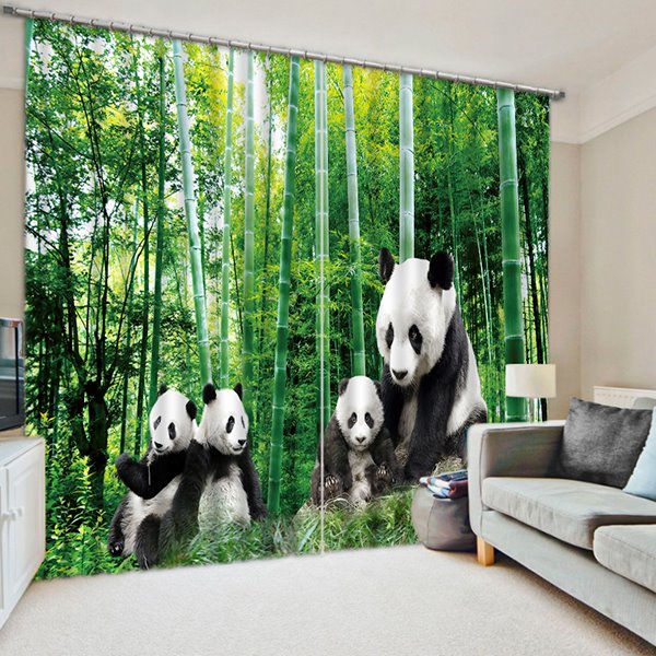 3D Natural Pandas and Bamboo Trees Printed Animal Style Custom Curtain for Living Room