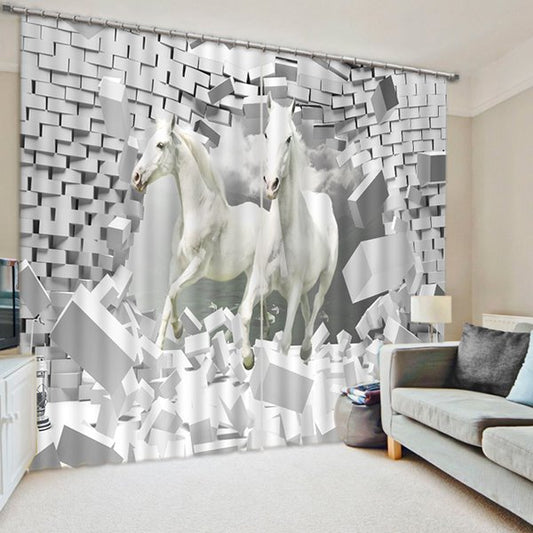 3D White Horses Breaking the Wall Printed Animal Style Decoration Custom Polyester Curtain