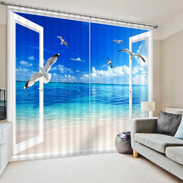 3D Seaside and Blue Sky with Flying Seagulls Printed Natural Scenery Custom Curtain