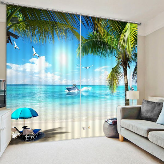 3D Blue Sea and White Beach Printed Wonderful Scenery Living Room Custom Curtain