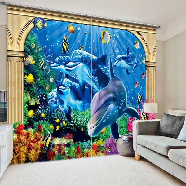 3D Cute Dolphins and Golden Fishes Printed Sea World 2 Panels Shading Curtain