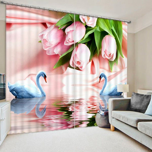 Couple White Swans Fall in Love Print 3D Blackout Curtain