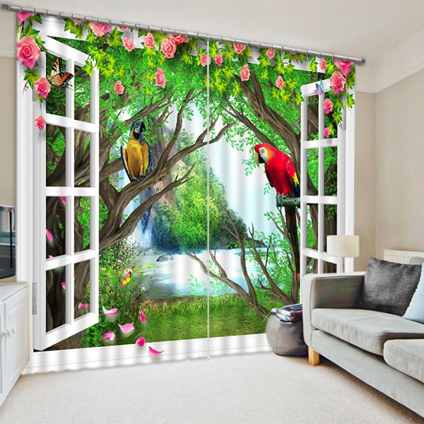 3D Cute Parrots with Beautiful Flowers Printed Country Style Custom Living Room Curtain