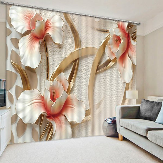 3D Craved White Peony Flowers Printed Polyester Custom Curtain for Living Room Bedroom