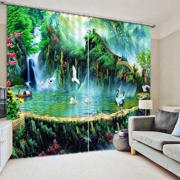 Ancient Chinese Hermit Life with Cranes Print 3D Blackout Curtain
