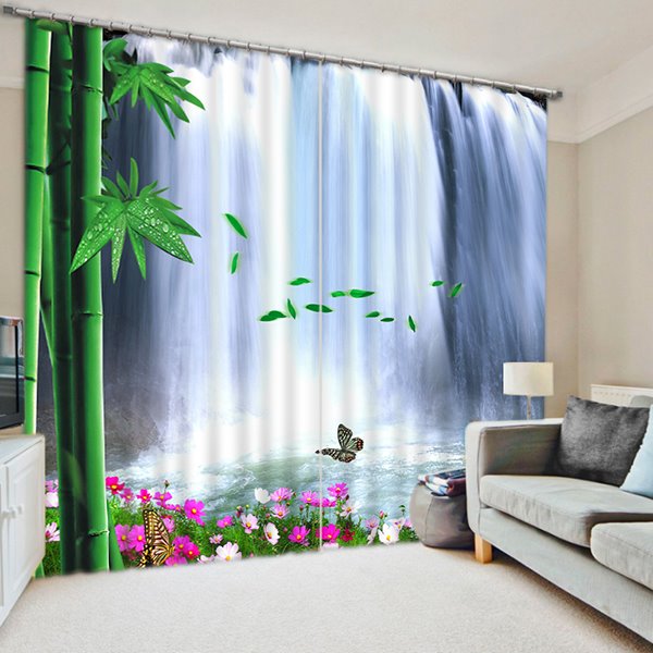 The Beautiful Waterfall and Green Bamboo Print 3D Blackout Curtain
