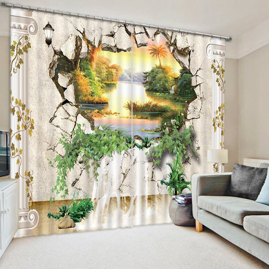 3D Creative and Unique Breaking Wall with Natural Scenery Printed Blackout Curtain