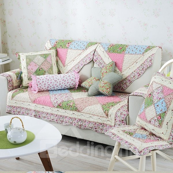 Modern Country Style Splicing Flower Pattern Quilting Seam Cushion Slip Resistant Sofa Covers