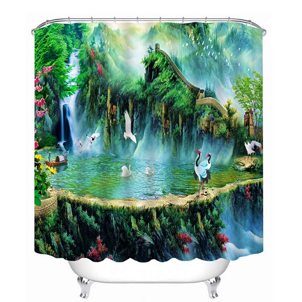 Ancient Chinese Hermit Life with Cranes Print 3D Bathroom Shower Curtain