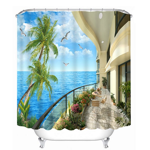 Blue Sky and Sea Seeing from Balcony Print 3D Bathroom Shower Curtain