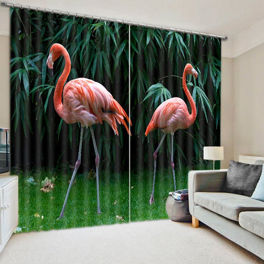 Flamingo Bird Theme Shading Curtain, Pink Flamingo Couple Bamboo Printed Blackout Polyester Curtain