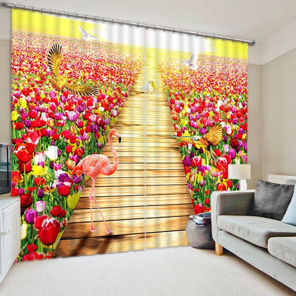 Flamingos and Colored Flowers Print 3D Blackout Curtain
