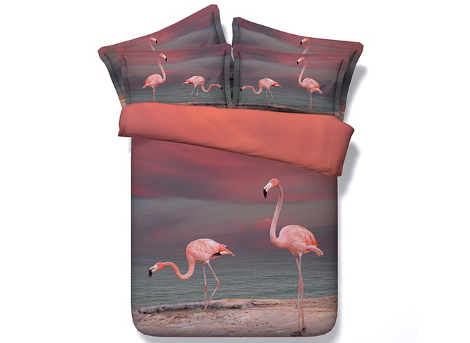 Pink Flamingo Printed Polyester 3D 4-Piece Bedding Sets/Duvet Covers Skin-friendly All-Season Ultra-soft Microfiber No-fading