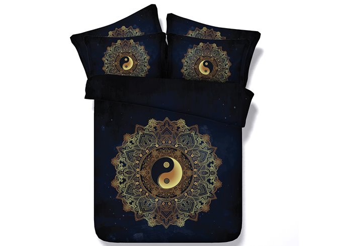 Yin Yang Printed Polyester 4-Piece Black 3D Bedding Set / Duvet Cover Set