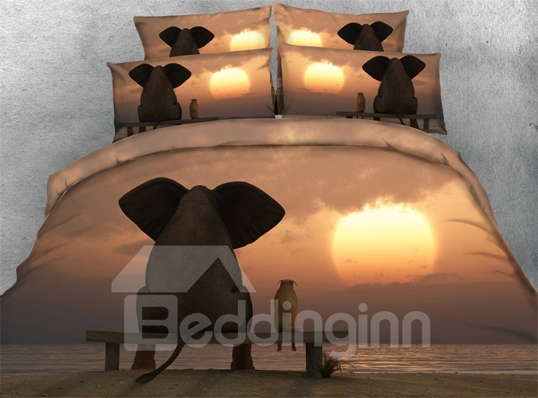 Juego de cama/funda nórdica de 4 piezas de poliéster con estampado de elefante y puesta de sol en 3D