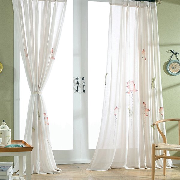 Chinese Style Lotus Pattern Custom Sheer Curtain