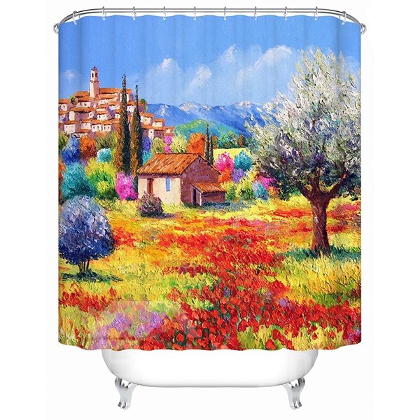 La vista de la ciudad en otoño, pintura al óleo, impresión, cortina de ducha de baño 3D