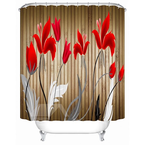Cartoon Red Tulips Blooming Print 3D Bathroom Shower Curtain