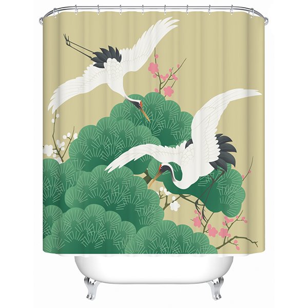 Leisurely Red-Crowned Cranes and Scenery Print 3D Bathroom Shower Curtain