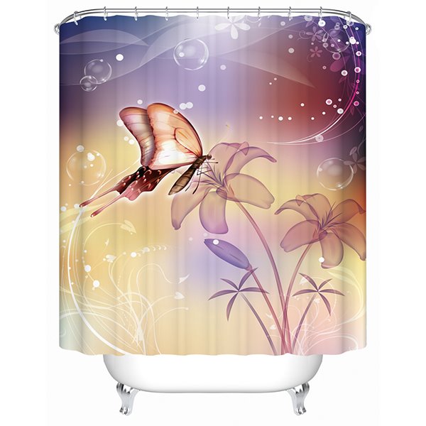 Romantic Butterfly and Flower Print Bathroom Shower Curtain