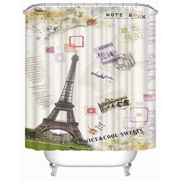 Cortina de ducha de baño 3D con estampado de Torre Eiffel de dibujos animados