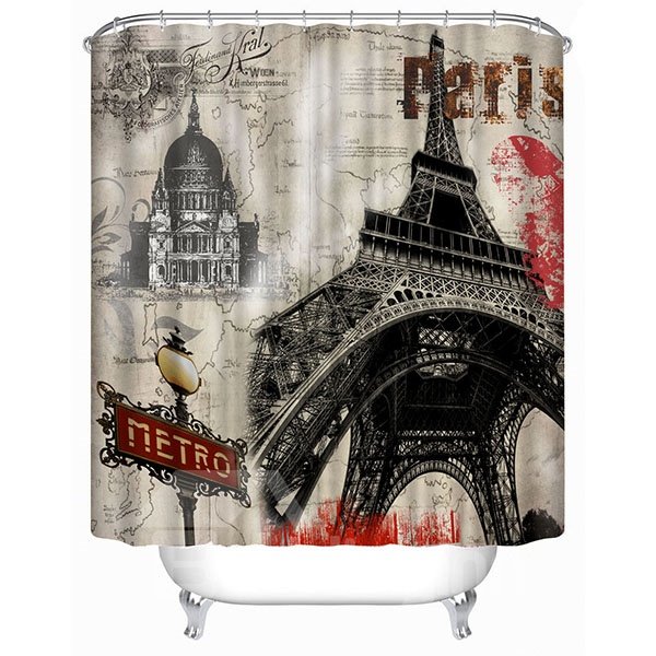 Classic Paris Eiffel Tower Print 3D Bathroom Shower Curtain
