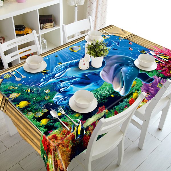 Blue Dolphins and Fishes Pattern Polyester 3D Tablecloth