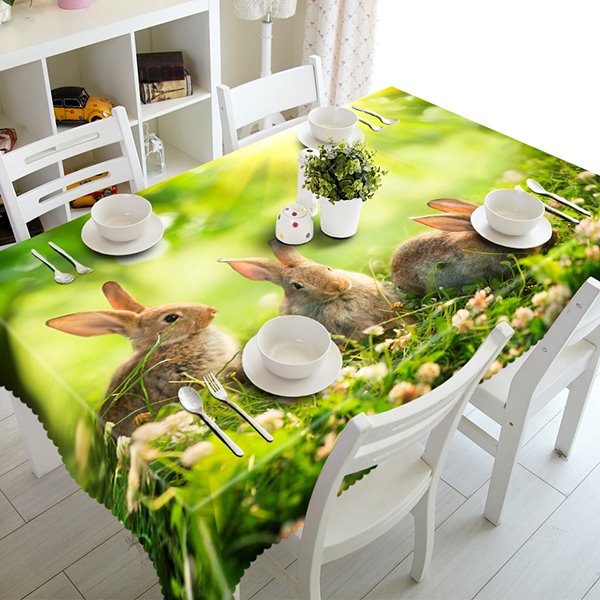 Green Cute Rabbits and Grassland Pattern 3D Tablecloth