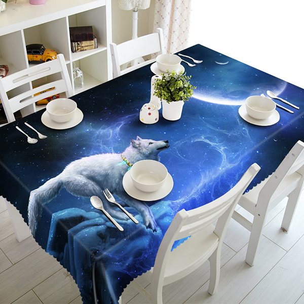 Blue Starry Sky and White Wolf Pattern 3D Tablecloth