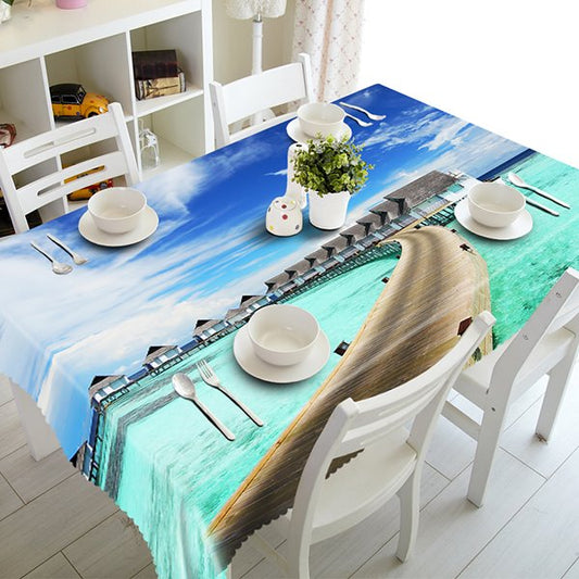Blue Sky and Seaside Bridge Pattern 3D Tablecloth