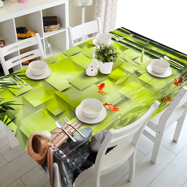 Fresh Green Bamboo and Fish Pattern 3D Tablecloth