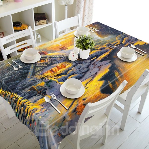 Snow River Scenery and Cabin Pattern 3D Tablecloth
